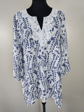 Sabrina Lauren Tunic Large Blue Floral Lightweight Crochet V Neck Boho Beachy